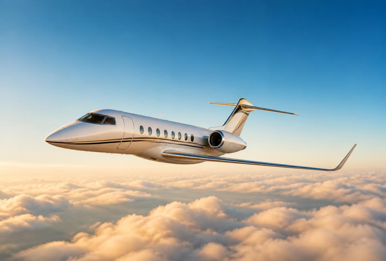 Private jet flying above the clouds